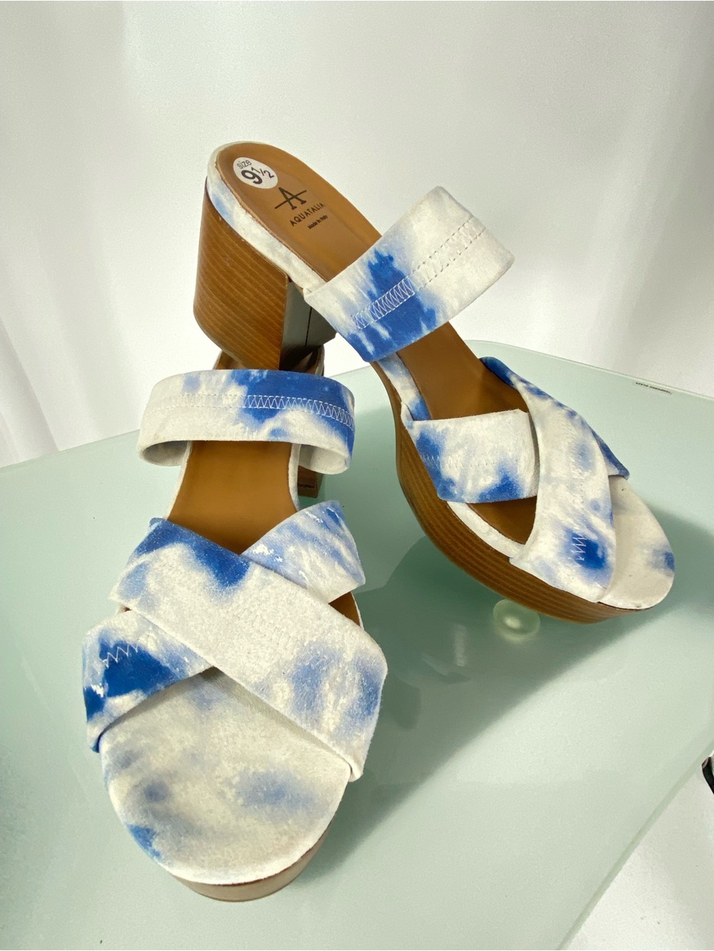 Aquatalia Blue White Tie Dye Platform Block Heel Slide Sandals 9.5